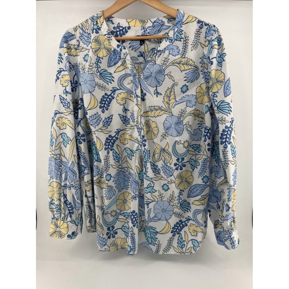 Talbots Woman's XL Blouse Top Floral Blue Yellow Paisley Print Long Sleeve